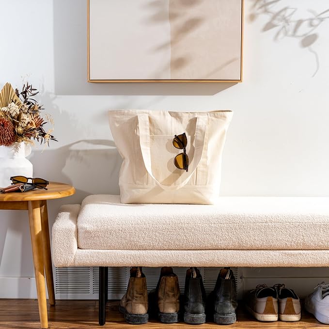 Carrywell |Not Made in China| Cotton Tote Bags, Reusable Grocery Shopping Bag with Zipper Closure and Front Pocket, Heavy Duty Organic Cloth w/Handles