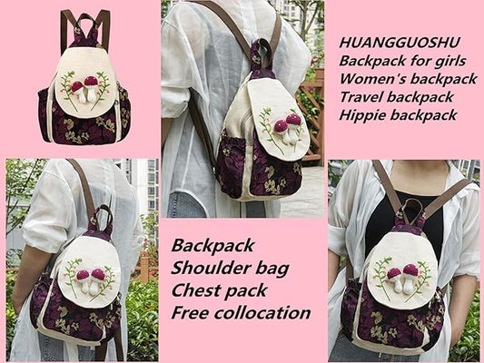 HUANGGUOSHU Bohemian Hand-Knit Mini Backpack for Women - Stylish, Functional, and Ideal for Travel, School, and Work Mushroom Backpack