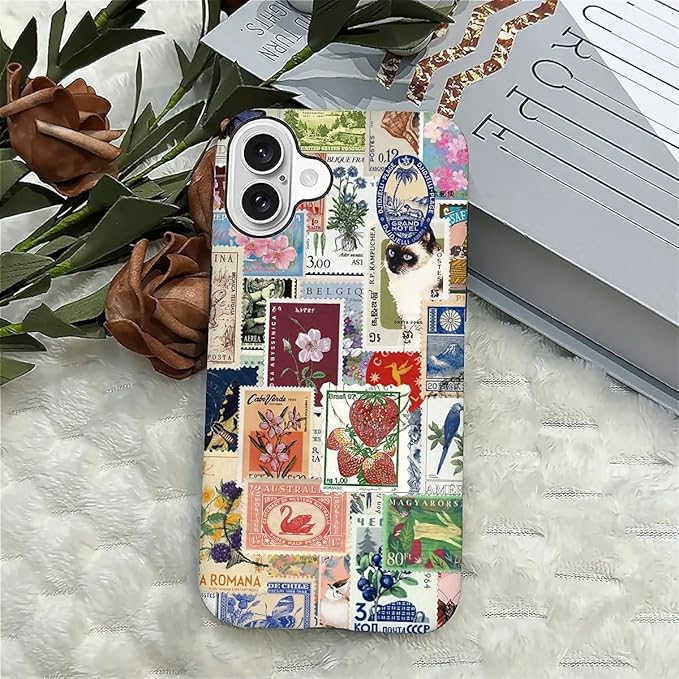 Case for iPhone 16,Vintage Stamp Collage for Woman Men Full Body Protective Cover Shockproof 2 in 1 Silicone + Hard PC Case for iPhone 16