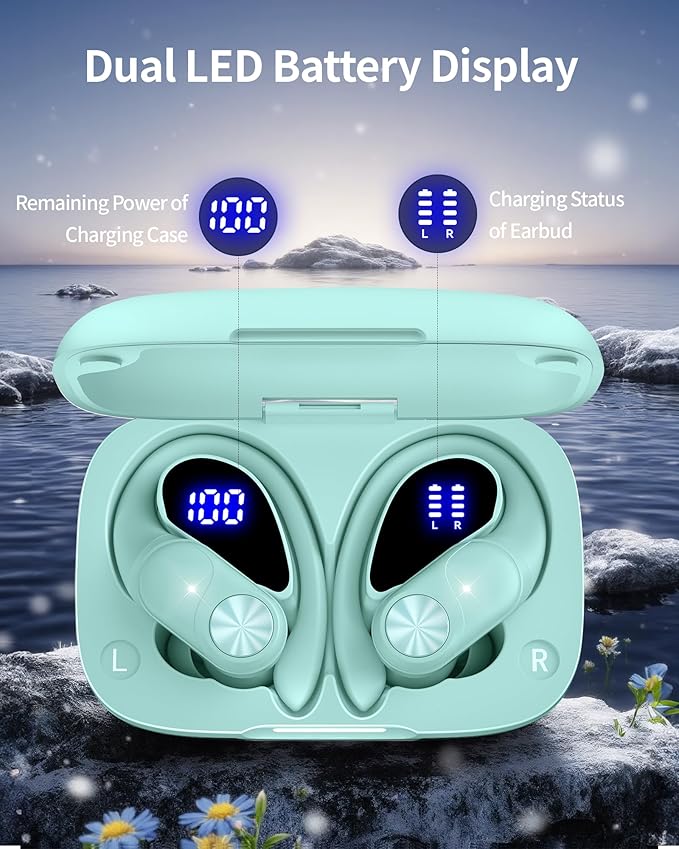 Bluetooth Earbuds 80H Playtime Wireless Headphones with Earhooks, Over-Ear Sports Earbuds with Charging Case & LED Display, Deep Bass IPX7 Waterproof Earphones for Workout, TV, Phone, Laptop