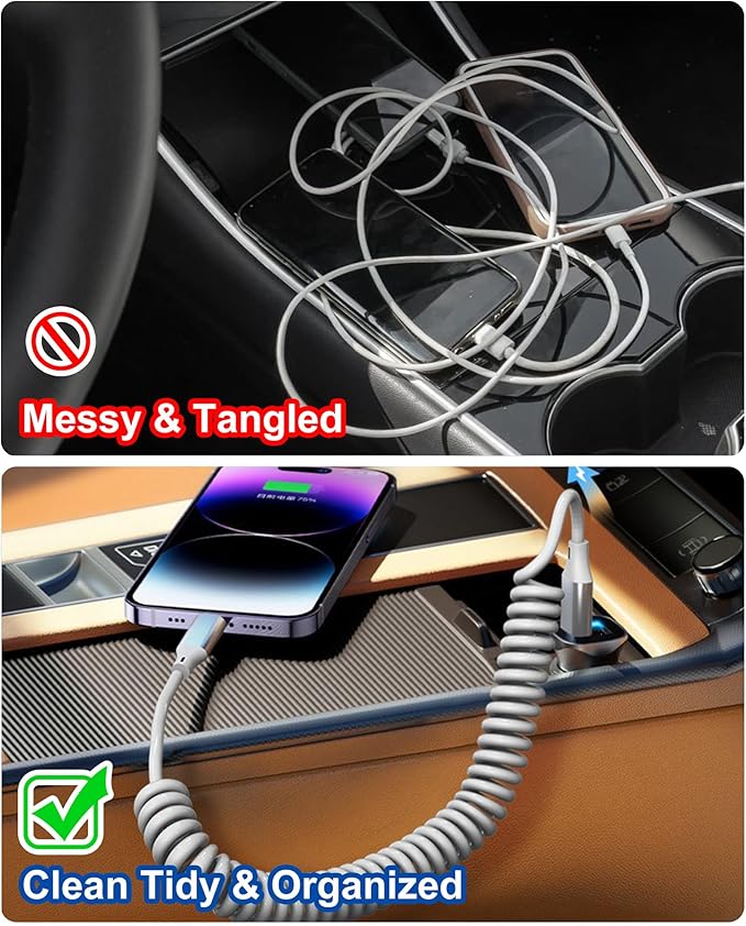 Coiled Lightning Cable for Car - 2 Pack 4ft MFi Certified Retractable iPhone Charger Cord, Short Curly Apple CarPlay Cable for iPhone 14/13/12/11/Pro/Pro Max/X/XR/XS/8, White