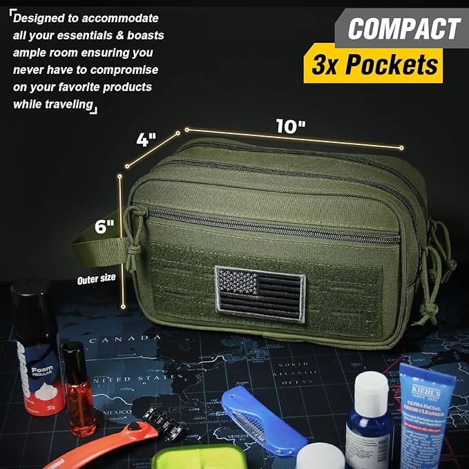 DBTAC Tactical Toiletry Bag for Men | Dry Wet Separate Hygiene Bag Compact Dopp Kit Mens Shaving Kit Travel shower Bag (OD Green)