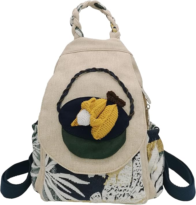 HUANGGUOSHU Women Cotton Woven Bohemian Hemp Boho Canvas Embroidery Multi Pocket Retro Cute Backpack Wallet Backpack（Corn）