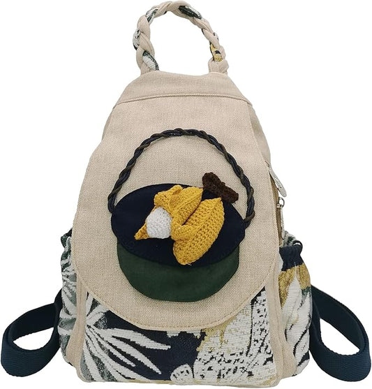 HUANGGUOSHU Women Cotton Woven Bohemian Hemp Boho Canvas Embroidery Multi Pocket Retro Cute Backpack Wallet Backpack（Corn）