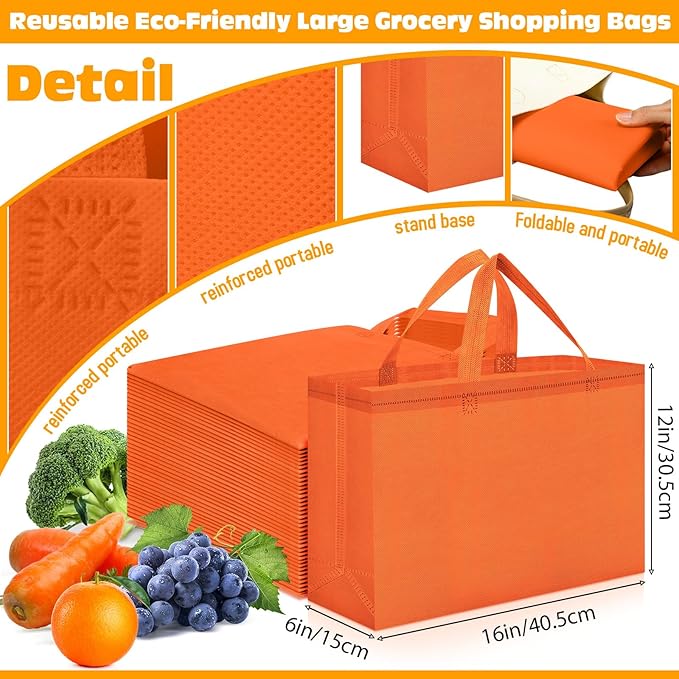 Windyun Reusable Grocery Bags Large Non Woven Shopping Bags with Handles Foldable Portable Tote Bulk, 16x6x12 Inch