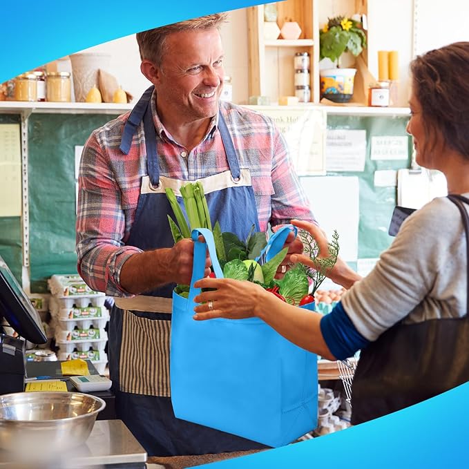 Reginary Reusable Totes Bags - 100 Pcs Non Woven Grocery Handle Bags for Shop Events & Retail Store(Sky Blue)