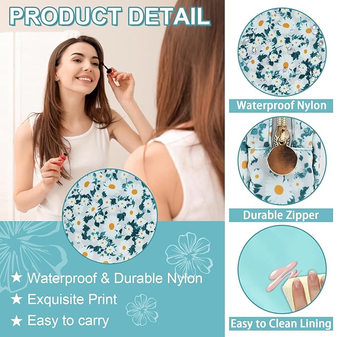 Waterproof Small Floral Makeup Bag Pouch for Purse,Nylon Flower Cosmetic Bag Preppy Travel Toiletry Storage Bag for Women Girl,Cute Makeup Organizer Bag Skincare Bag with Zipper(Small Green-Daisy)