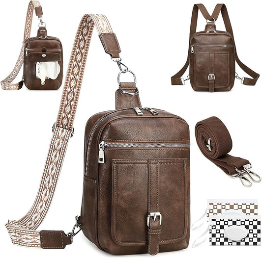Sling Bag Crossbody Backpack - 2 in 1 Leather Cross Body Bag Fanny Pack with 2 Removable Straps