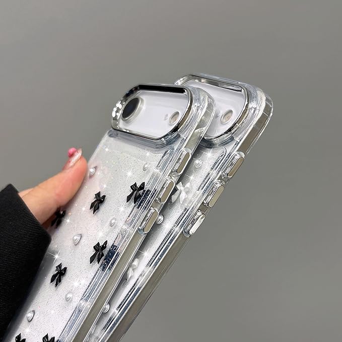 EYZUTAK Case for iPhone Air, Bling Glitter 3D Bowknot Phone Case Cute Sparkly Crystal Clear Bow Aesthetic Design Cover Slim Soft Durable TPU Transparent Protective Cover for Women Girl - Black Bow