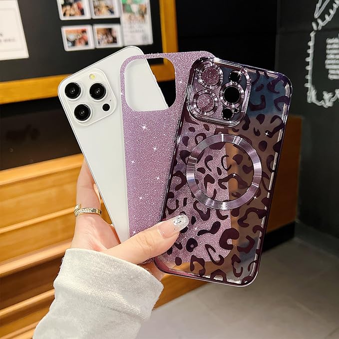 for iPhone 12 Pro Case Magnetic,Soft Cute Luxury Leopard Cheetah Pattern Plating Glitter Bling Phone Case Compatible with MagSafe Clear Shockproof Back Cover for Women Girl 6.1"-Purple