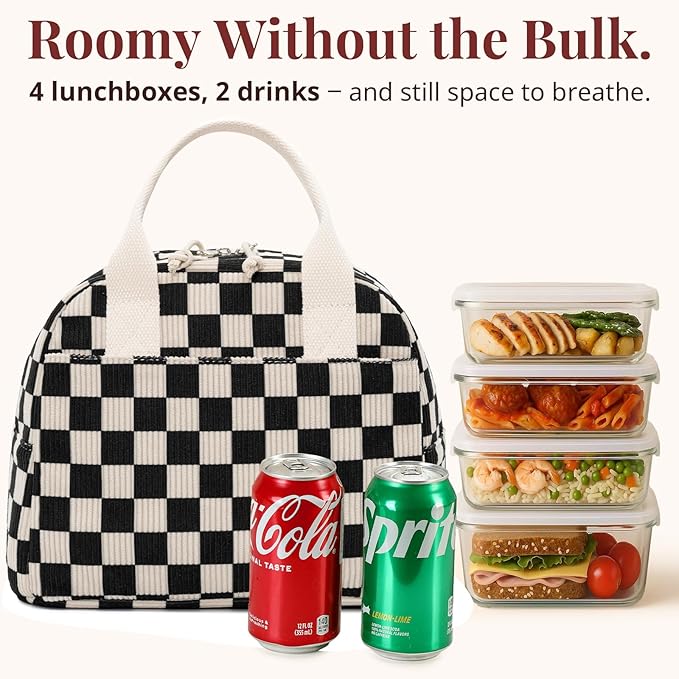 Insulated Black Checkered Lunch Bag for Women, Stylish Corduroy Tote with Aluminum Lining, Large Capacity Reusable Cooler for Work, Travel, or Beach, Beige Cream Water-Resistant Lunch Box