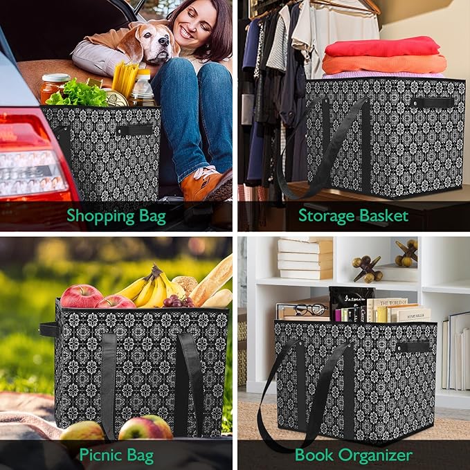 WISELIFE Reusable Grocery Bags [4 Pack],Large Grocery Tote Bag Water Resistant Shopping Bags Foldable Grocery Bag for Clothes,Shoes and Picnic,Black