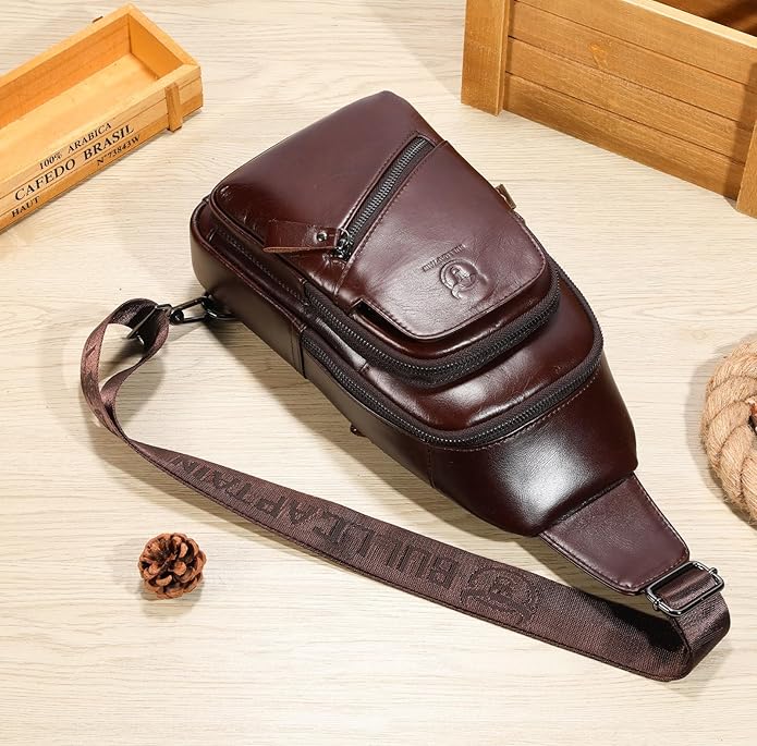 BULLCAPTAIN Mens Leather Sling Bag Backpack Casual Outdoor Shoulder Crossbody Chest Bag with USB Charging Port