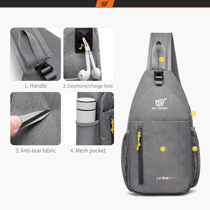 SKYSPER Sling Bag Crossbody Backpack - Chest Shoulder Cross Body Bag Travel Hiking Casual Daypack for Women Men(Grey)