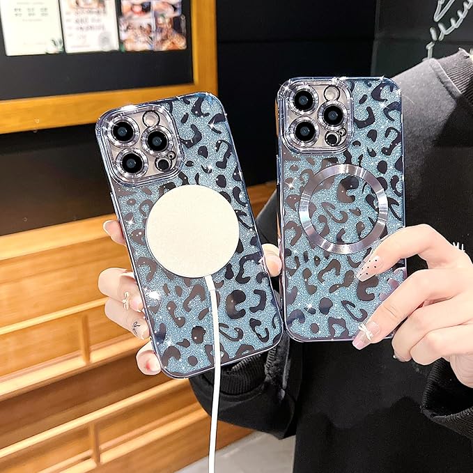 for iPhone 16 Pro Case Magnetic,Soft Cute Luxury Leopard Cheetah Pattern Plating Glitter Bling Phone Case Compatible with MagSafe Clear Shockproof Back Cover for Women Girl 6.3"-Blue