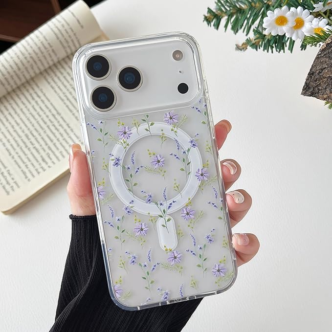 ZTOFERA for iPhone 17 Pro Max Magnetic Case Compatible with Magsafe,Aesthetic Floral Pattern Design Cute for Girl Women,Anti-Drop Protective Hard Phone Cover for iPhone 17 Pro Max-Purple Flower