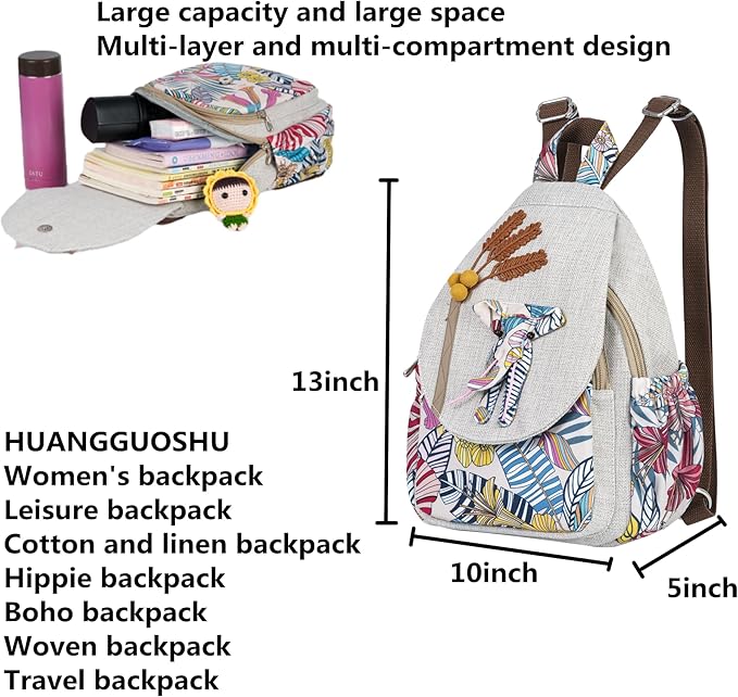 HUANGGUOSHU Women Cotton Woven Bohemian Hemp Boho Canvas Embroidery Multi Pocket Retro Cute Backpack Wallet Backpack Nature Animal Motif