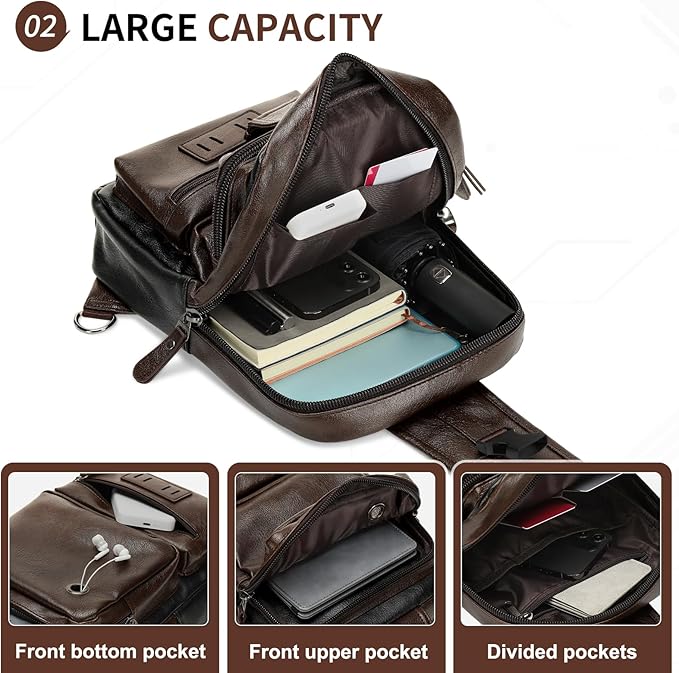 Vintage PU Leather Sling Backpack for Men, Crossbody Bag, Adjustable Shoulder Strap, Compact Backpack for Travel, Daily Use, and Gift, Dark Brown