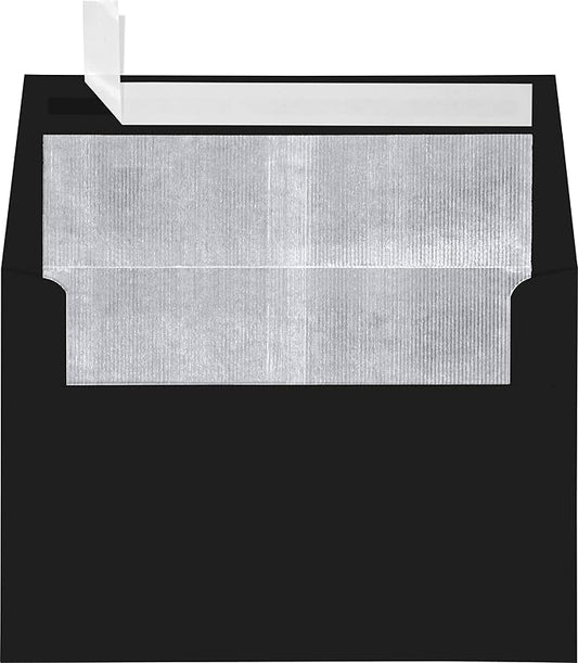 LUXPaper A4 Foil Lined Invitation Envelopes | Peel & Press | 4 1/4" x 6 1/4" | Black w/Silver LUX Lining | 80lb. Text | 50 Qty