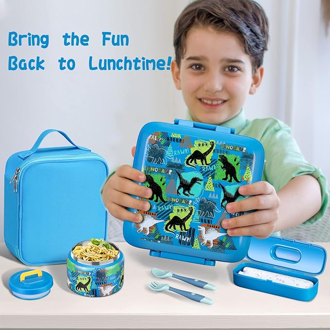 Bento Lunch Box for Kids With 8oz Soup thermo,Leak-proof Lunch Containers with 5 Compartment,thermo Food Jar and Lunch Bag, Food Containers for School (A-Blue(Dinosaur))