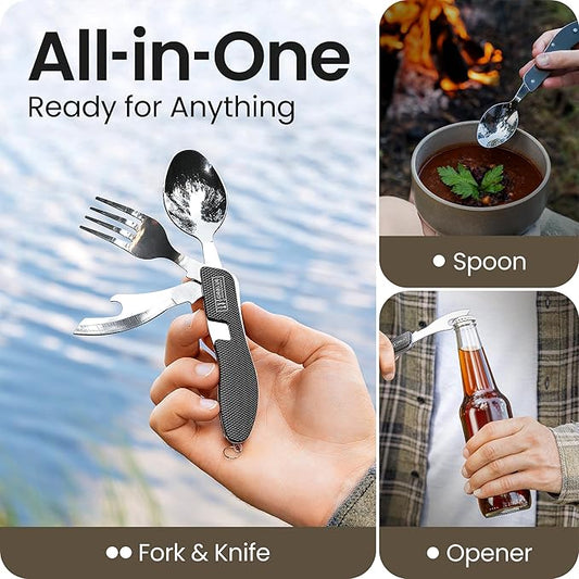 Orblue 4-in-1 Camping Utensils, 1-Pack, Portable Stainless Steel Spoon, Fork, Knife & Bottle Opener Combo Set - Travel, Backpacking Cutlery Multitool, Black
