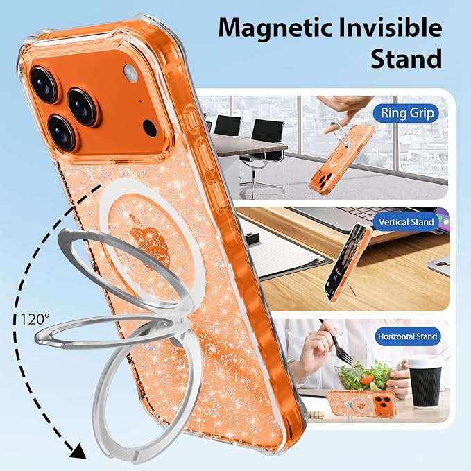 Magnetic for iPhone 17 Pro Max Case with Invisible Stand, Compatible with MagSafe, Clear Bling Sparkle Shockproof Slim Anti-Slip Military Drop Protection Hard Phone Case 6.9" Glitter Silver