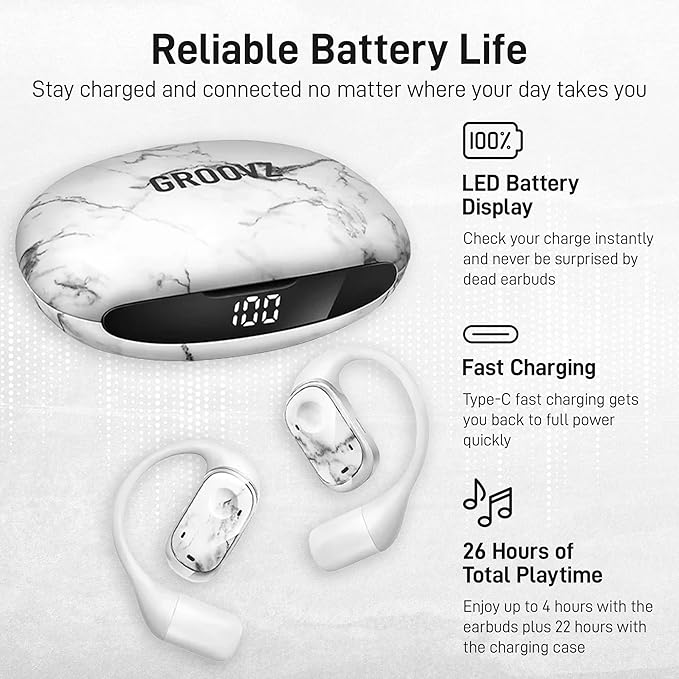 Groovz Open-Ear True Wireless Headphones with Smart Battery Display - Designed and Engineered in The USA - IPX5-Rated Bluetooth Open Ear Earbuds Compatible with Apple & Android - White Marble