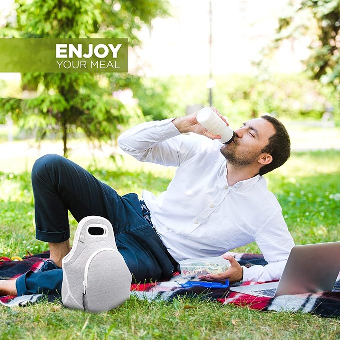 Nordic By Nature Insulated Neoprene Lunch Bag, Soft & Foldable Washable & Reusable Extra-Pocket (M) Light Gray