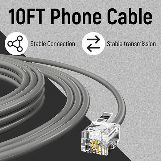 Uvital Telephone Extension Line Cord Cable Wire, 10 FT Grey Phone Extension Line, RJ11 6P4C Phone Cord for Landline/Fax Machine