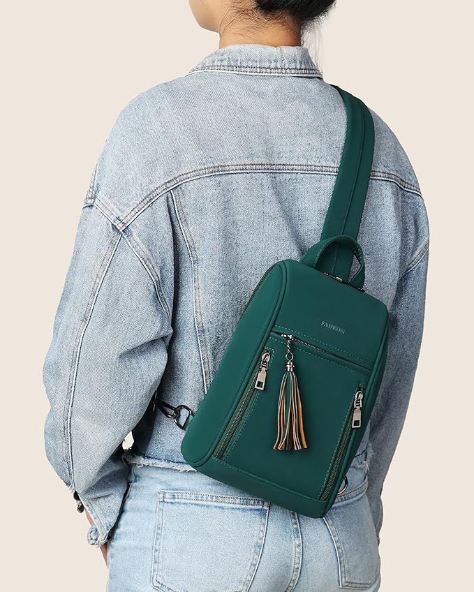 FADEON Sling Bag for Women, Crossbody Purse with Tassels, Designer Leather Shoulder Chest Bags for Travel