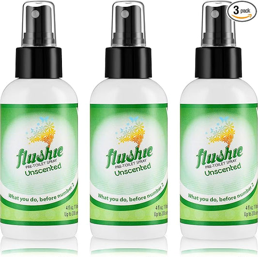 Flushie Pre-Toilet Spray for Poop Travel Size Toiletries Bathroom Spray for Poop Spray for Toilet Deodorizer Traveling Essentials Poop deodorizer Poop Odor eliminator 4oz (Unscented, 3 Pack)