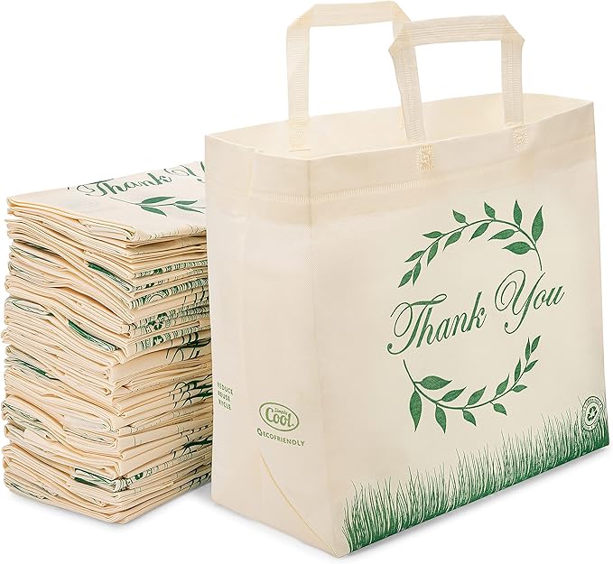 Simply Cool 50 Pack Reusable Thank You-Have a Nice Day Eco-Friendly Large Grocery Shopping Bags 14.5"x14"x6.6" Durable, Recyclable, Washable, Foldable Tote Bags Bulk