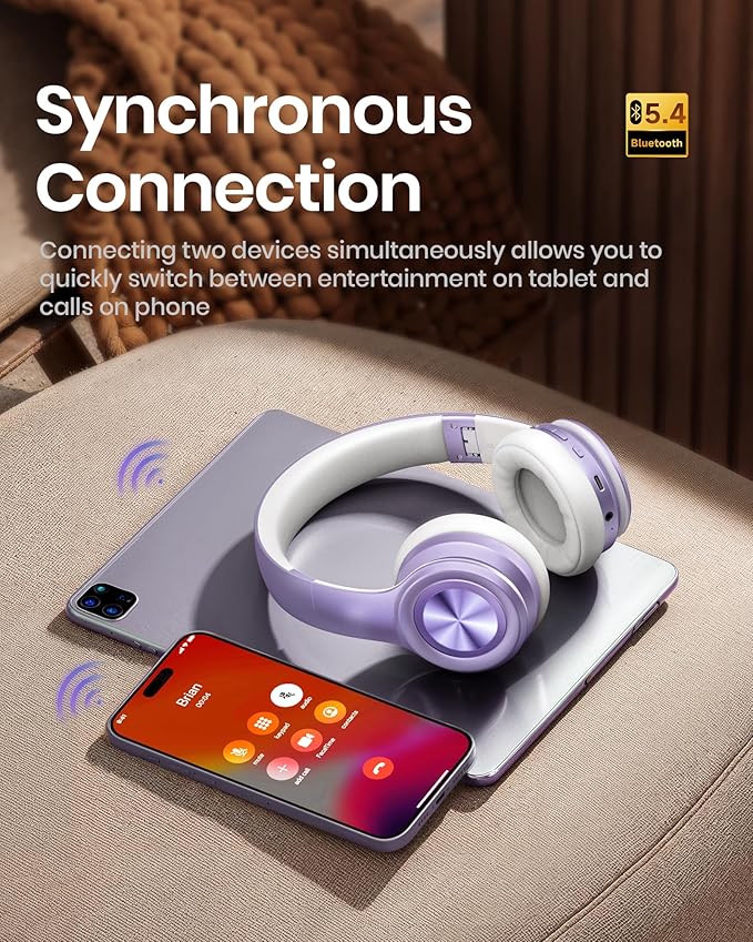 Picun Solo6 Wireless Bluetooth Headphones, 5EQ Music Mode, On-Ear Headphone with Built-in Microphone, Foldable Headset with 140H Battery Life, App Control for Girls, Home, School, Travel (Purple)