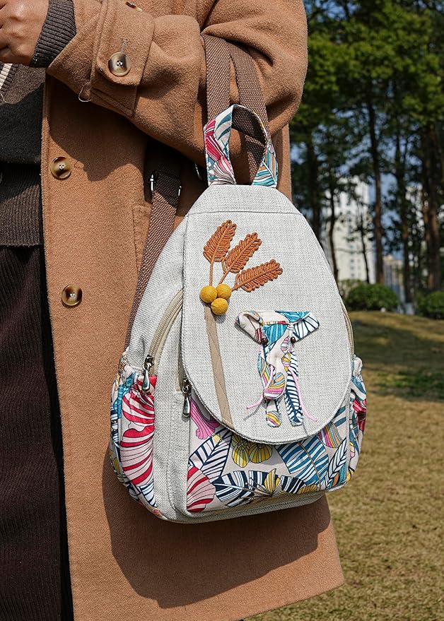 HUANGGUOSHU Women Cotton Woven Bohemian Hemp Boho Canvas Embroidery Multi Pocket Retro Cute Backpack Wallet Backpack Nature Animal Motif