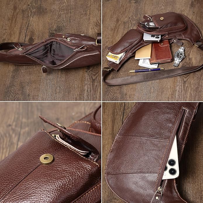 KPYWZER Vintage Leather Sling Bag Backpack for Men Crossbody Shoulder Chest DayPack Backpacks