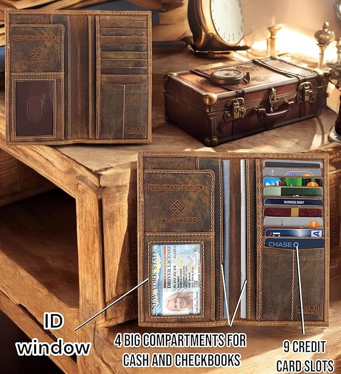 F&L CLASSIC Men's RFID Vintage Look Genuine Leather Long Bifold Wallet Checkbook Wallets,brown flag,240-100