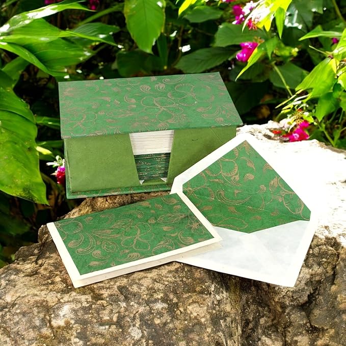 Kathmandu Valley Co. Nepali Cherish Greeting Card & Envelope Box Set with Handmade Lokta Paper from Nepal, 25 Cards (Rainforest)