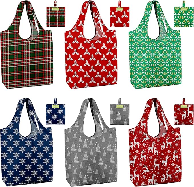 BeeGreen Christmas Reusable Gift Bags,6 Pack Large Holiday Tote Foldable Cloth Bag for Women, Cute Grocery Storage for Xmas Gifts Market Shopping, Washable Collapsible Reusable Bags with Handles