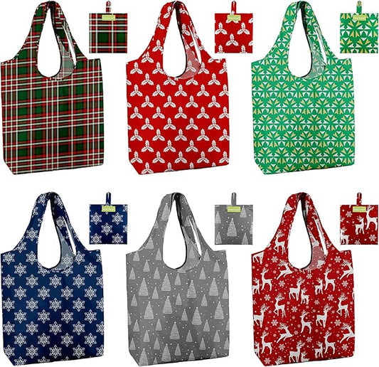 BeeGreen Christmas Reusable Gift Bags,6 Pack Large Holiday Tote Foldable Cloth Bag for Women, Cute Grocery Storage for Xmas Gifts Market Shopping, Washable Collapsible Reusable Bags with Handles