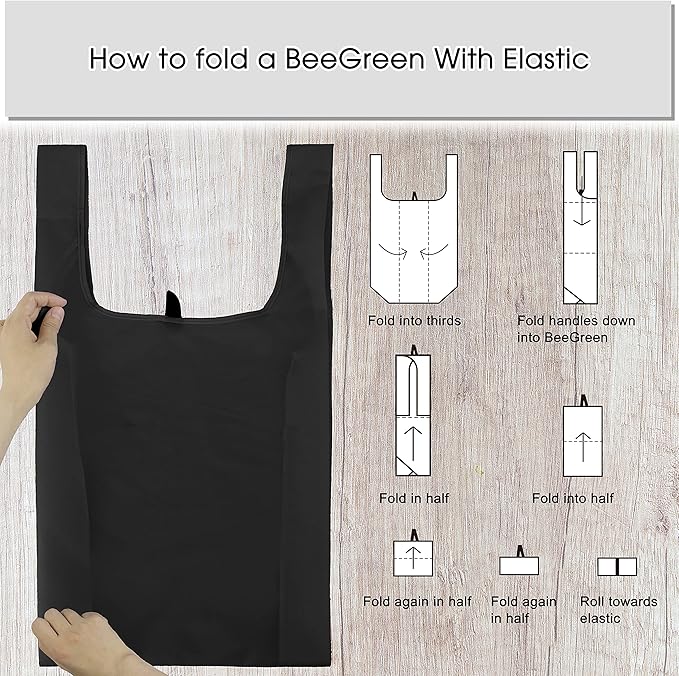 BeeGreen Black Reusable Grocery Bags Shopping Bags for Groceries 12 Pack Heavy Duty - Foldable Polyester Grocery Totes with Handles and Zipper Bag, Large Travel Washable Holiday Tote Bag Bulk