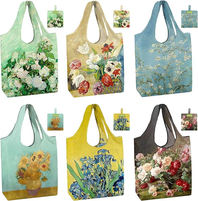 BeeGreen Oil Painting Reusable Grocery Bags 6 Pack, Heavy Duty Totes for Women, Foldable Grocery Bag Large Shopping Totes with Handles for Work, Travel, Gift, Polyester Washable Reusable Tote Bag