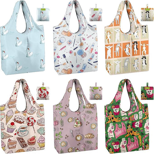BeeGreen Reusable Grocery Bags 6 Pack, Heavy Duty Totes for Women, Foldable Grocery Bag Large Shopping Totes with Handles for Work, Travel, Gift, Store, Polyester Washable Reusable Tote Bag