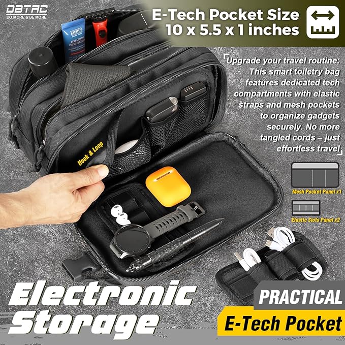DBTAC Tactical Toiletry Bag w/Electronic Organizer Compartment | Dry/Wet Separate Hygiene Bag, Expanded Travel Dopp Kit Shaving Kit Travel shower Bag for Men (Black)