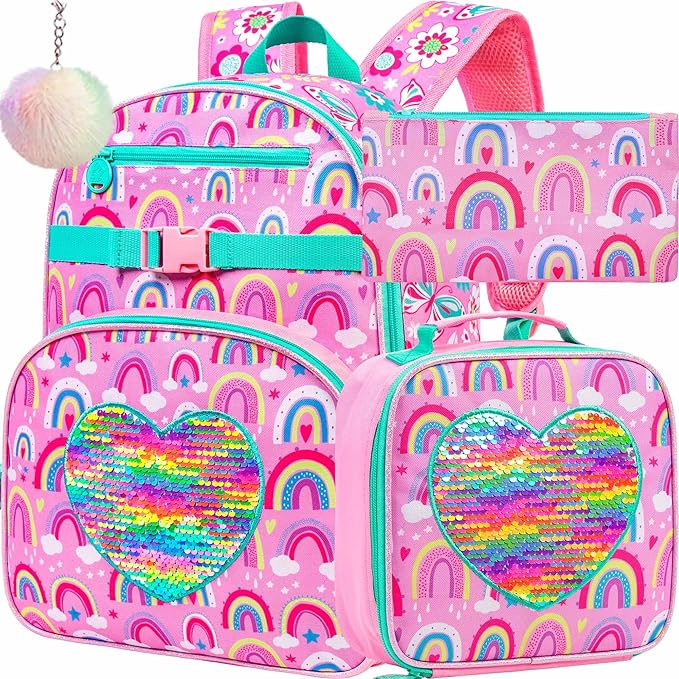 3pcs Girls Backpack, 16" Rainbow Sequin Bookbag with Lunch Box, Kids School Backpacks for Elementary Kindergarten Preschool(Pink)