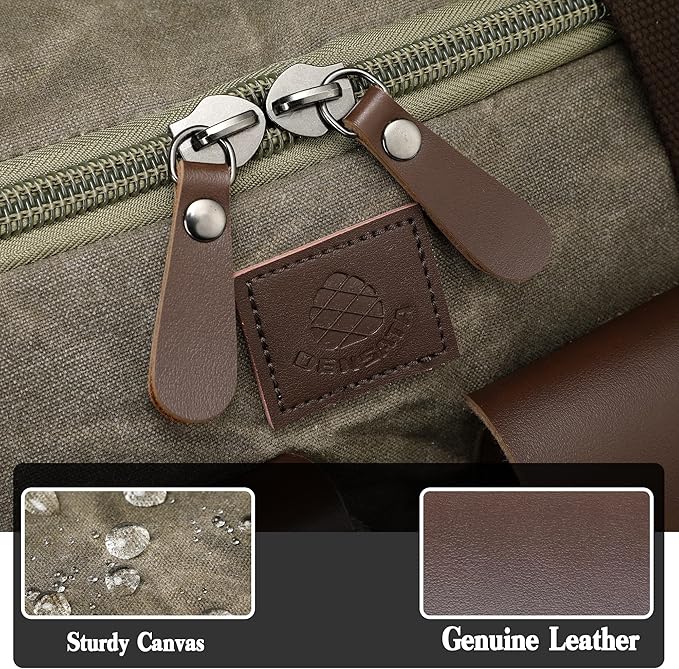 Waxed Canvas Duffle Bag for Men 50L Travel Duffel Bags Expandable Genuine Leather Duffel Overnight Weekender Carry On Bag Two Zipper Pockets Travel Bag (Vintage Grey, Large-50L)