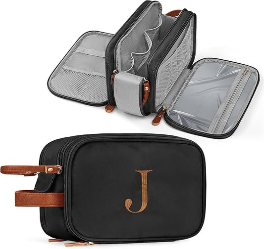 YOOLIFE Mens Travel Bag Toiletry, Makeup Bags for Women, Dopp Kit Men, Personalized Gifts for Women Men, Initial Black Toiletry Bag Water Resistant Travel Essentials Birthday Gifts Letter J Black