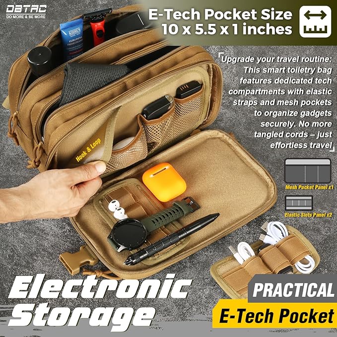 DBTAC Tactical Toiletry Bag w/Electronic Organizer Compartment | Dry/Wet Separate Hygiene Bag, Expanded Travel Dopp Kit Shaving Kit Travel shower Bag for Men (Tan)