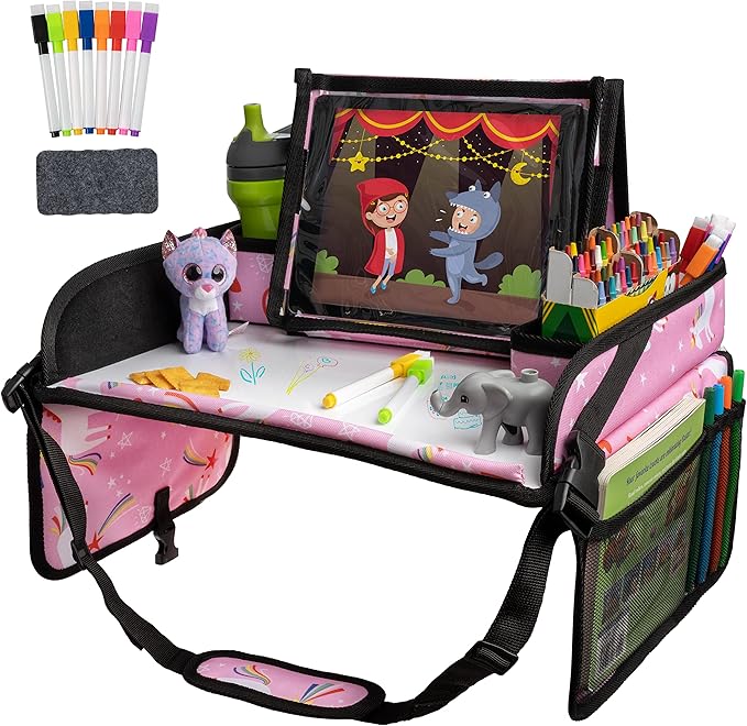 Lusso Gear Travel Car Seat Tray - Dry Erase Board & Secure Tablet Holder for Toddler Travel - Durable 600D Oxford Cloth with Snack & Toy Compartments for Road Trip Essentials for Kids - Pink Unicorn
