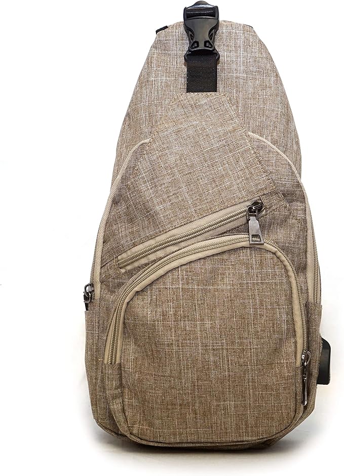 Anti-Theft Daypack Crossbody Sling Backpack, USB Charging Connector Port, Lightweight Day Pack for Travel, Hiking, Everyday, Large, Tan