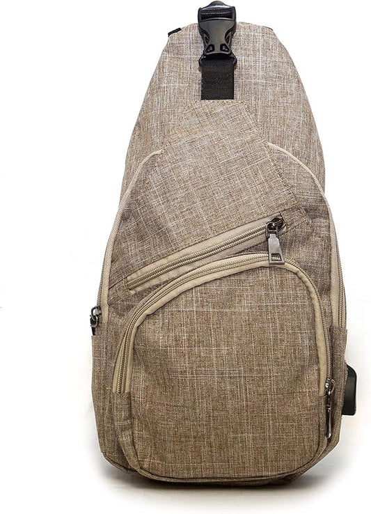 Anti-Theft Daypack Crossbody Sling Backpack, USB Charging Connector Port, Lightweight Day Pack for Travel, Hiking, Everyday, Large, Tan